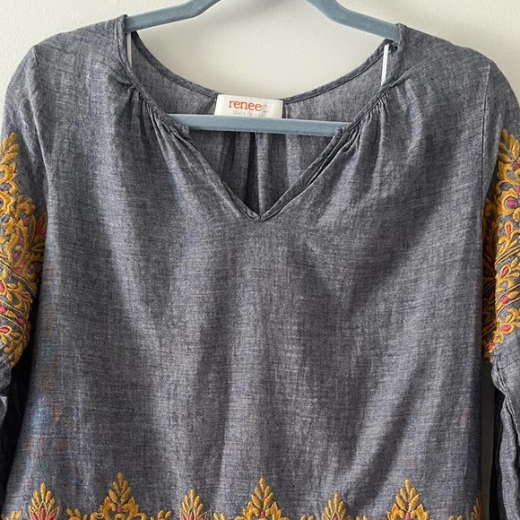 renee c. gray peasant blouse top with pink gold embroidery long sleeve sz small - Picture 2 of 13